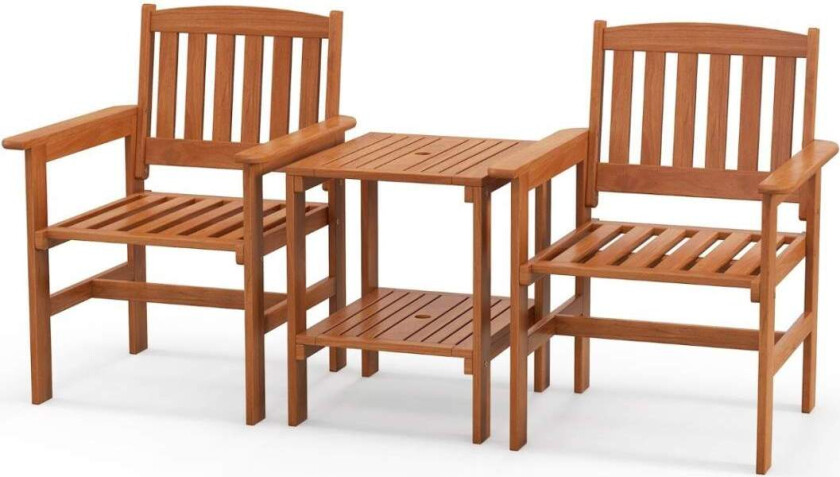 3-delt bistrosett i tre med 2 stoler & bord & hull for parasoll sittegruppe