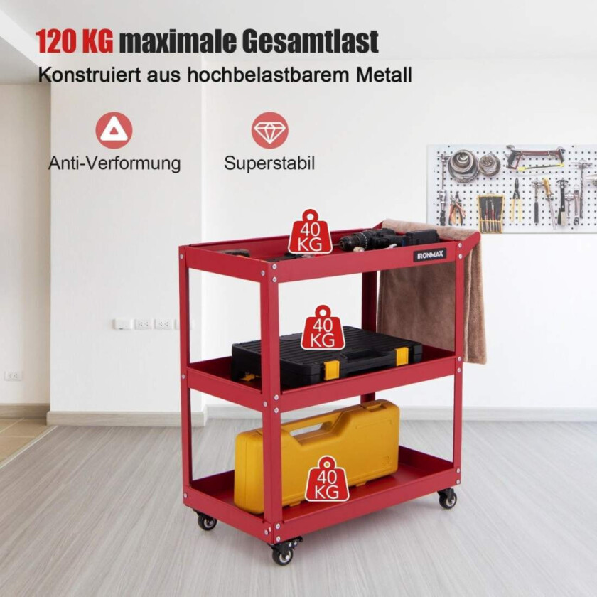 Verkstedvogn 3 nivåer verkstedvogn med 4 universalhjul og håndtak 73 x 36 x 75 cm rød