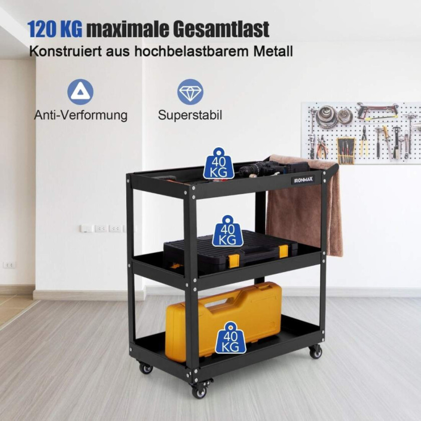 Bilde av Verkstedvogn 3-lags verkstedvogn med 4 universalhjul og håndtak 73 x 36 x 75 cm svart