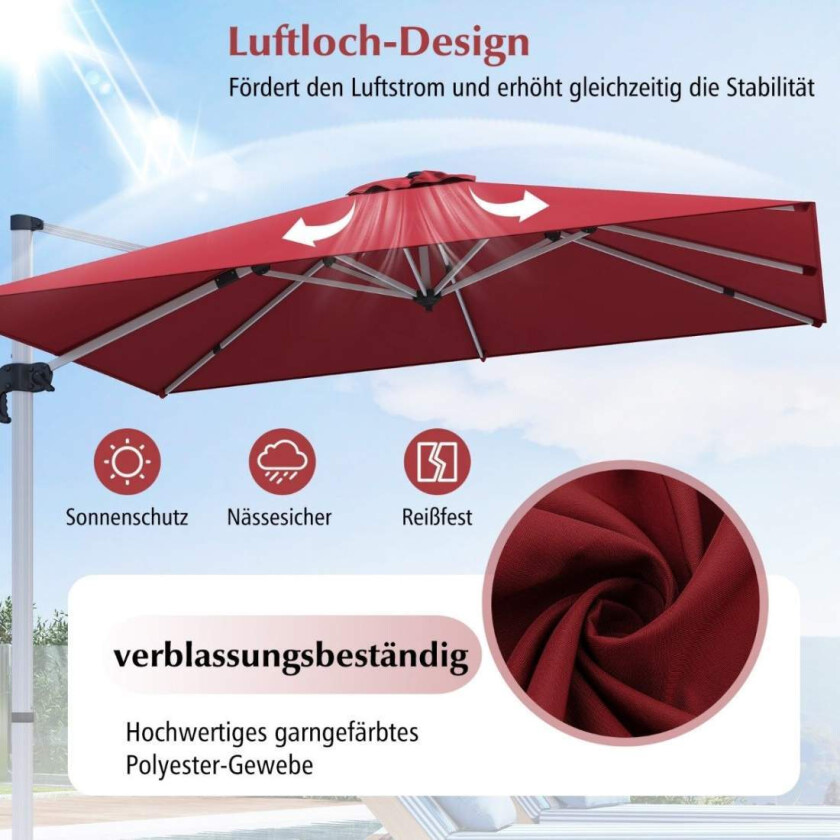 Rektangulær parasoll 300 x 300 cm stor cantilever parasoll med sveiv vinrød