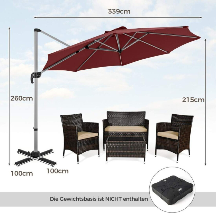 Ø 330 cm parasoll med sveiv & UPF 50+ & 360° roterende cantilever paraply hage paraply rød