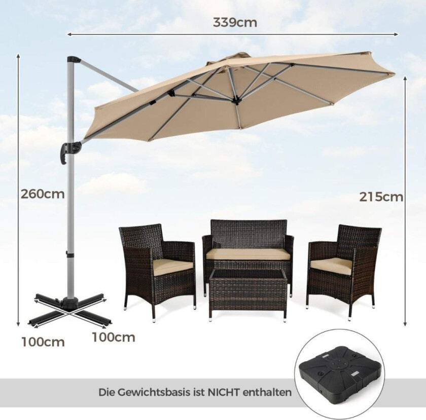 Ø 330 cm parasoll med sveiv & UPF 50+ & 360° roterende cantilever paraply hageparaply beige