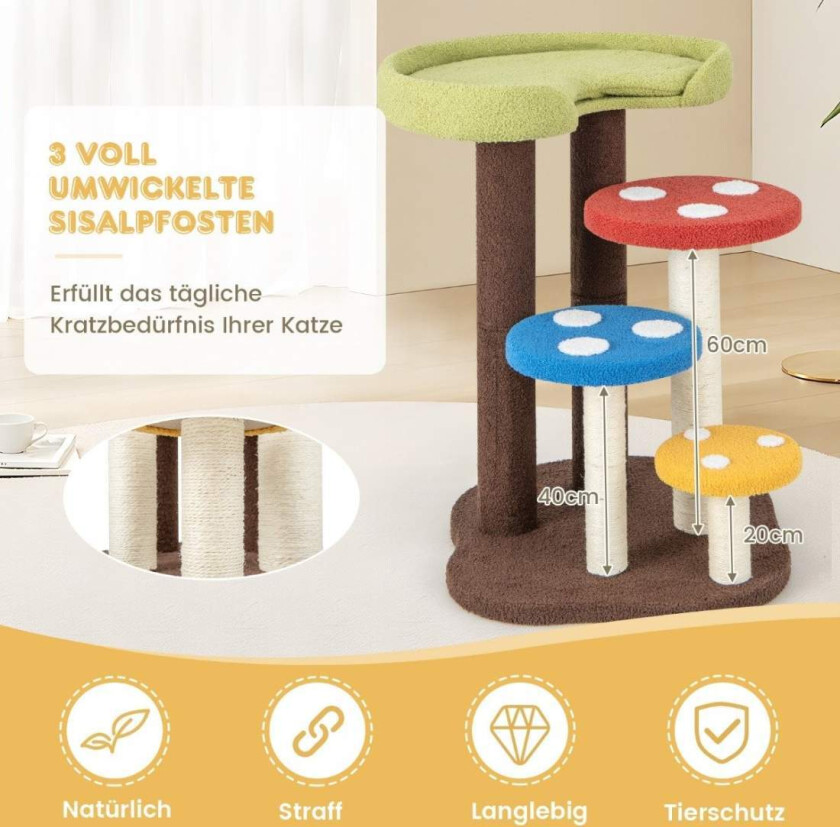 Ripestolpe i sopplook, 5-lags kattetre med 3 sisalposter, lite klatretre laget av teddystoff, 60 x 65 x 94 cm, fargerik
