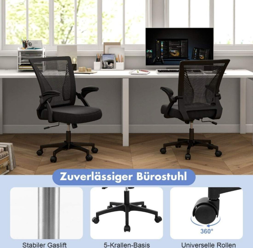 Ergonomisk kontorstol med sammenleggbare armlener Medium Back Skrivebordsstol 57 x 63 x 90-100cm Svart