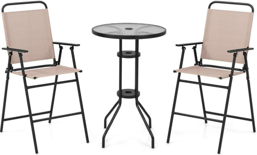 Bilde av 3-delt utendørs bistrosett, uteplass barbord med 2 sammenleggbare stoler og parasollhull, beige