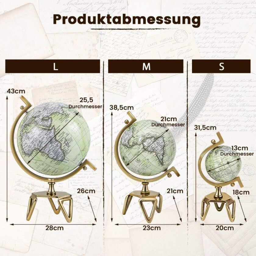 Ø 13 cm Antikk globus med metallbunn Roterende studentklode Geografisk globus Ø 13 cm