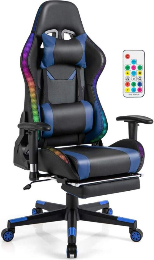 Spillestol med RGB LED-lys og uttrekkbar fotstøtte Ergonomisk kontorstol blå