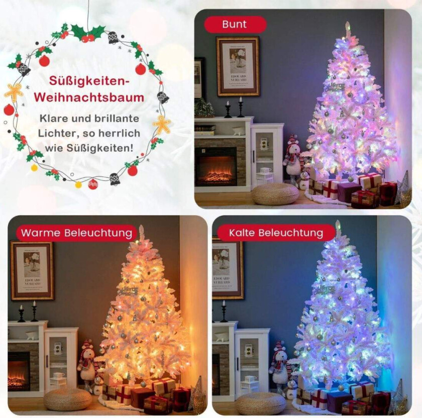 180 cm stort flokket kunstig juletre med 808 PVC-grenspisser 350 LED-lys og 8 lysmoduser