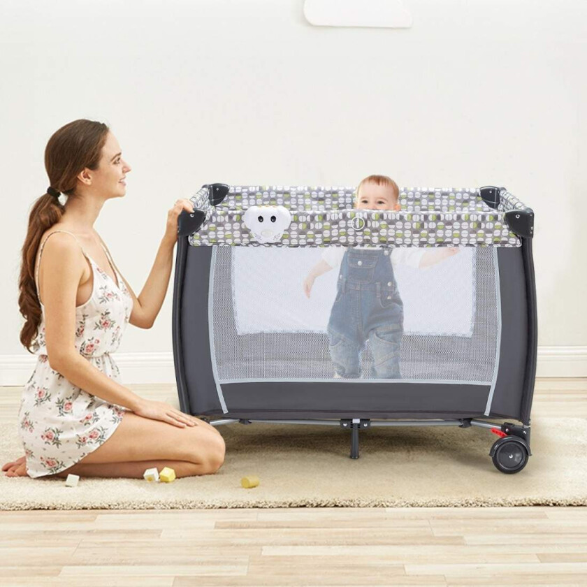 Bilde av 3 i 1 sammenleggbar reiseseng og stellebord og lekegrind med avtagbart myggnett