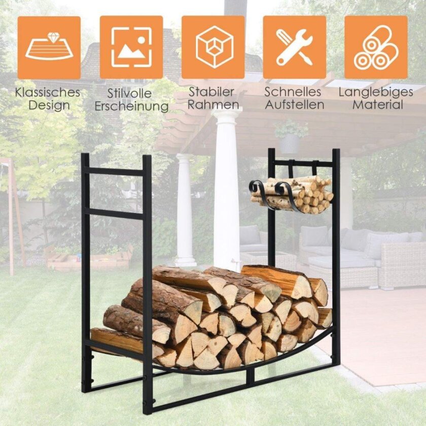 Robust peishylle vedstativ med avtagbar opptenningsholder 84 x 33 x 76 cm svart
