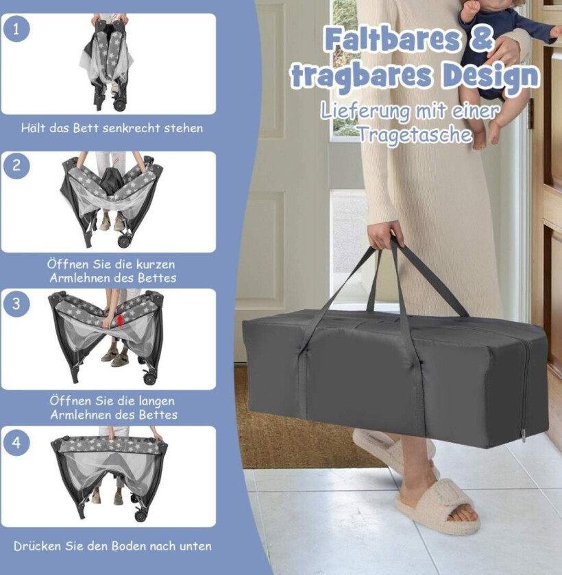 5 I 1 babyseng bærbar sideseng reiseseng med sammenleggbar madrass 102 cm x 72 cm x 74 cm Grå