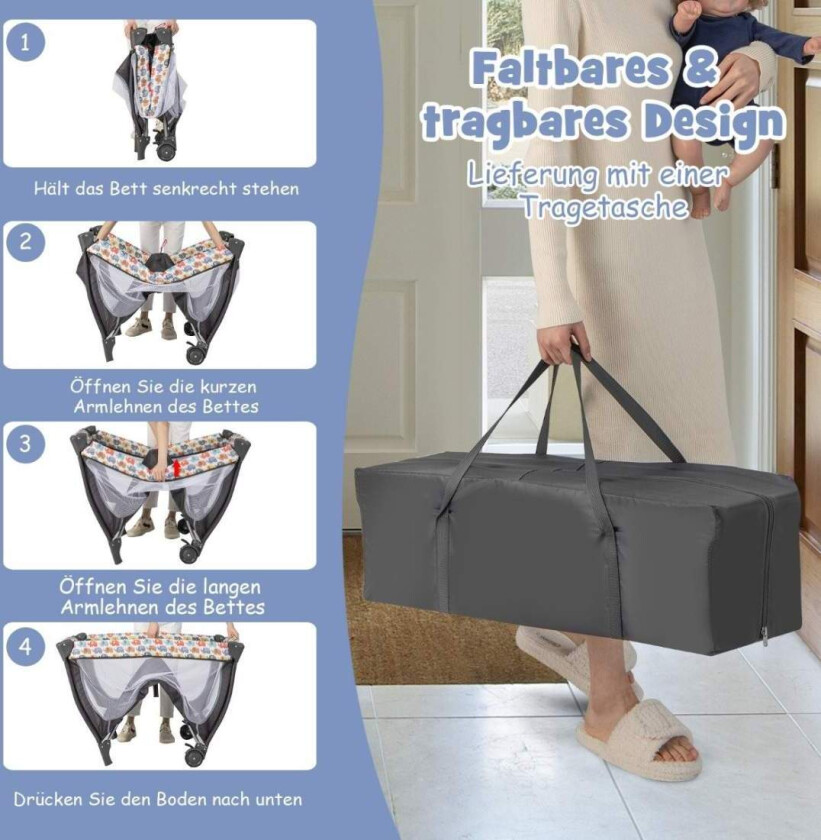 5 I 1 babyseng bærbar sideseng reiseseng med sammenleggbar madrass 102 cm x 72 cm x 74 cm Fargerik