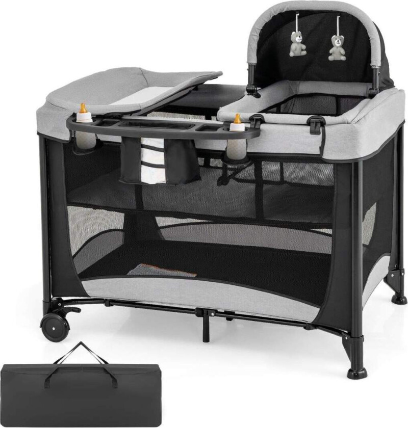 5 i 1 bærbar babyseng med reiseseng og vugge og lekegrind og stellebord svart + grå