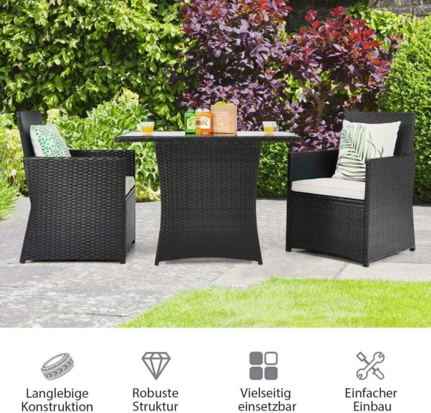 3-delt uteplass spisestuesett Plassbesparende PE rotting bistrosett med bordplate