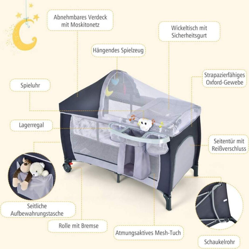 Bilde av 4 i 1 sammenleggbar reiseseng og babyvugge 123 x 63 x 76 cm grå