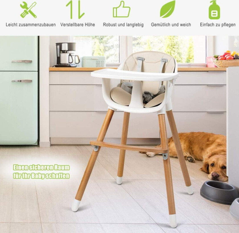 2-i-1 barnestol laget av tre, justerbar 57 x 57 x 83 cm kremhvit + naturlig