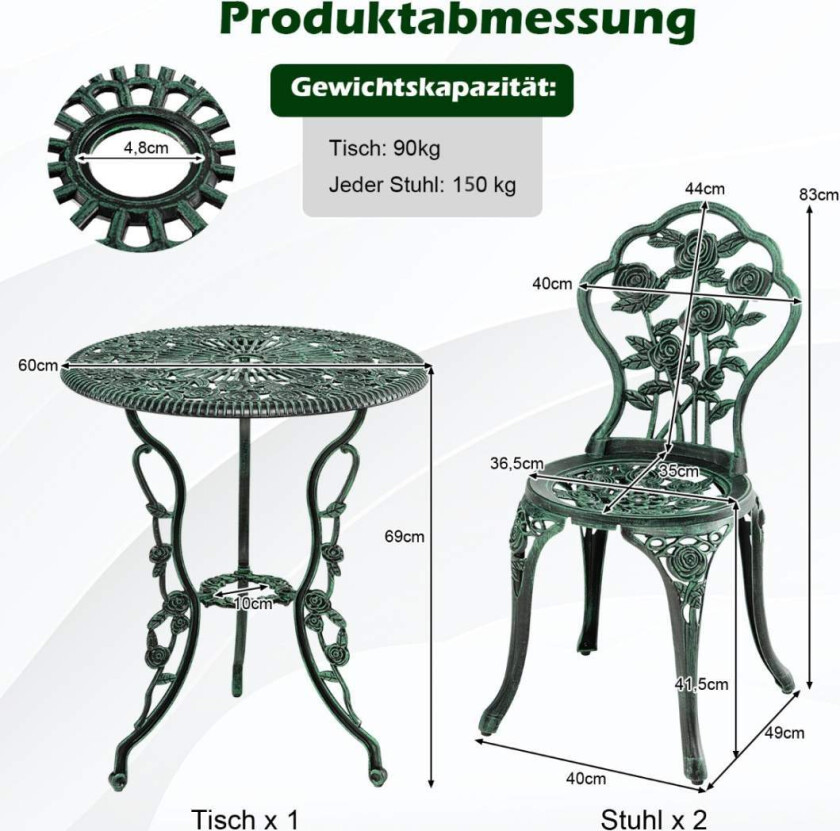 3 stk Antikt bistrosett rosedesign sittegruppe balkongsett hagesett med 2 stoler