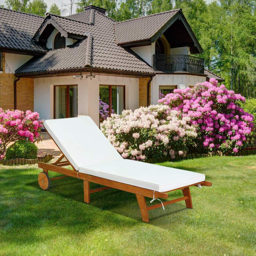 Solseng hagestol i tre med justerbar ryggstøtte med hjul og puter strandseng for hagen