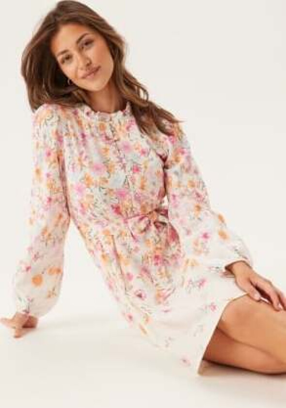 Vielma O-neck L/S SHORT DRESS Snow White Print:pink Flower 42