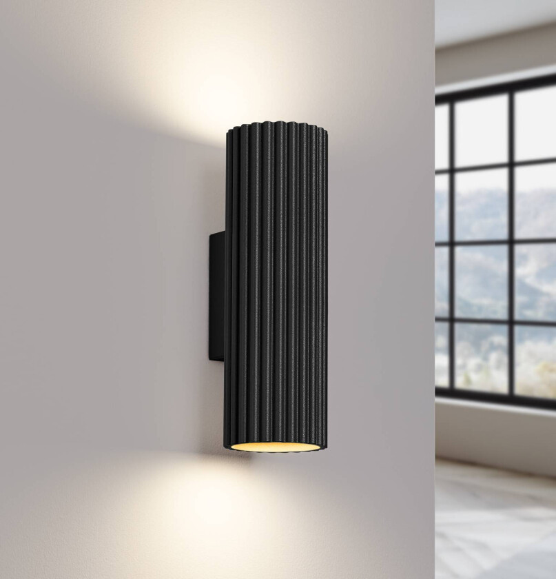 Vegglampe i karbon, svart, høyde 20 cm, aluminium, 2 lyskilder.