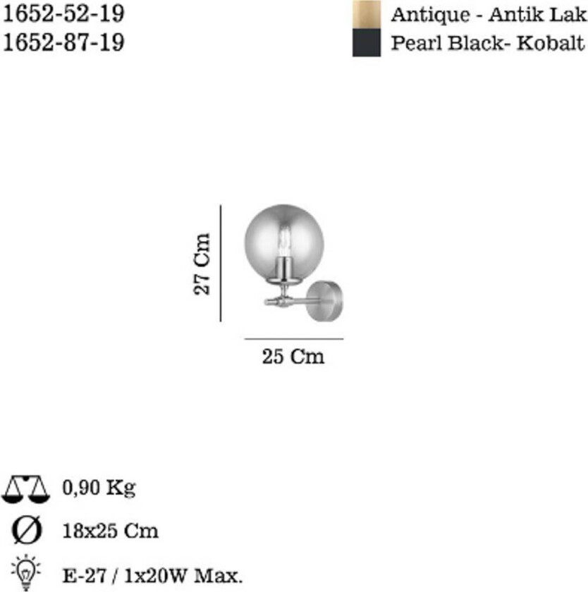 Portemo vegglampe, røykgrå/nikkel, høyde 27 cm, glass