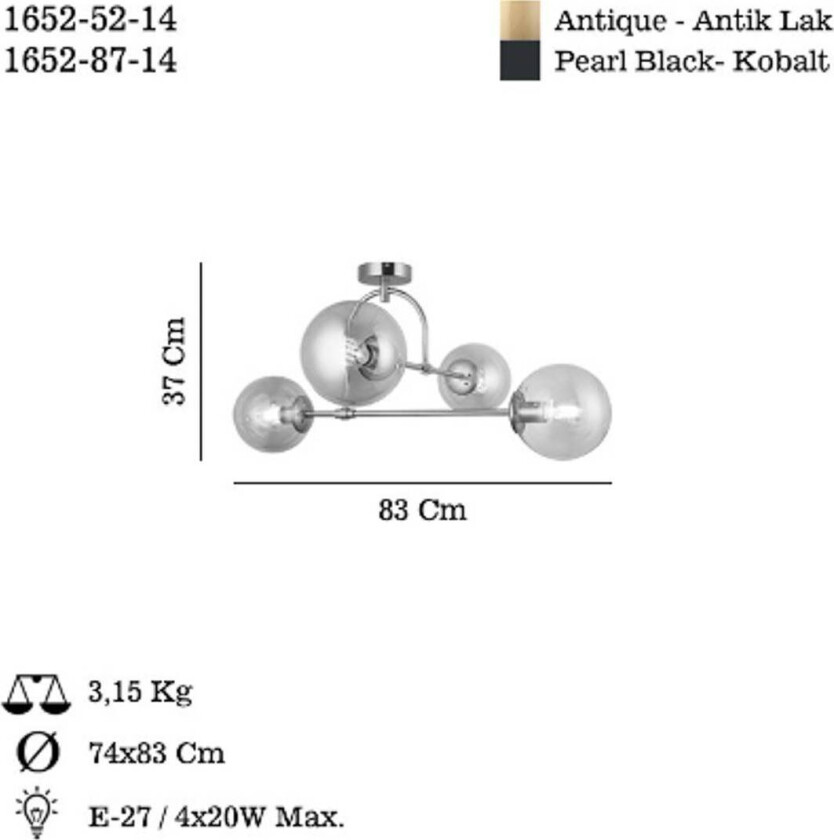 Portemo taklampe, røykgrå/nikkel, 83x74 cm, 4 lyskilder i glass