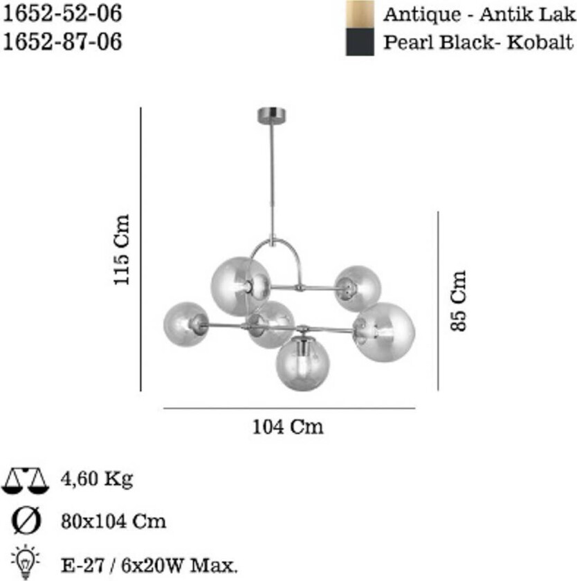 Portemo hengelampe, røykgrå/nikkel, 104x80 cm, 6 lyskilder i glass