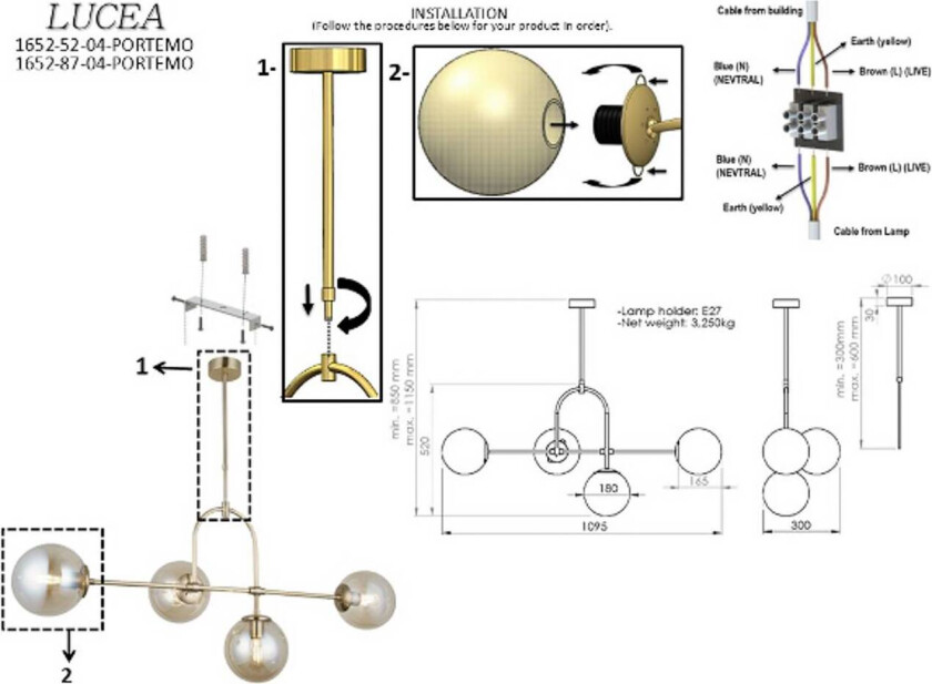 Portemo hengelampe, røykgrå/nikkel, 109x30 cm, 4 lyskilder i glass