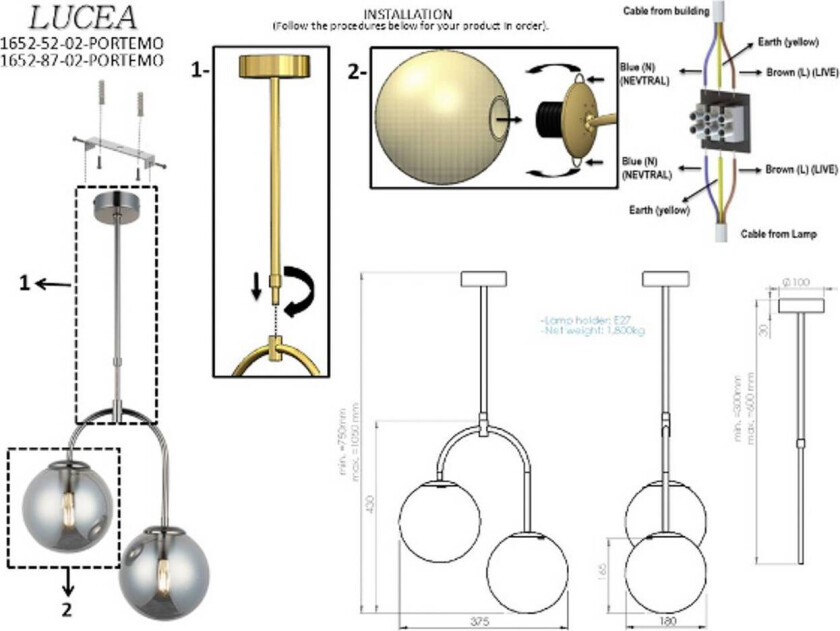 Portemo hengelampe, røykgrå/nikkel, Ø 37 cm, 2 lyskilder i glass