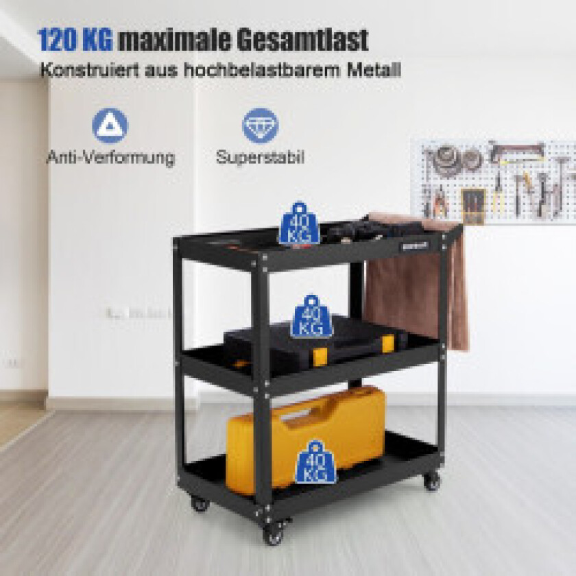 Verkstedvogn 3-lags verkstedvogn med 4 universalhjul og håndtak 73 x 36 x 75 cm svart