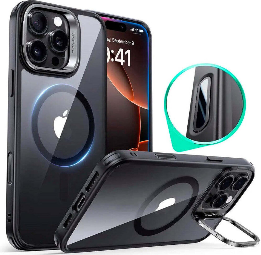 iPhone 16 Pro Classic Hybrid Deksel m. Kickstand - MagSafe Kompatibel - Gjennomsiktig / Svart