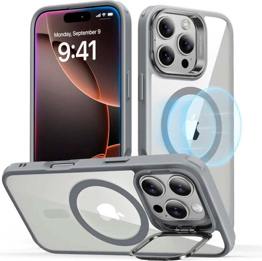 iPhone 16 Pro Classic Hybrid Deksel m. Kickstand - MagSafe Kompatibel - Gjennomsiktig / Grå