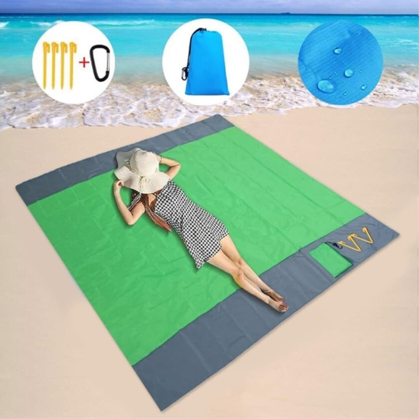 Stort strandteppe 210x200cm sandtett vanntett lett utendørs teppe grønn