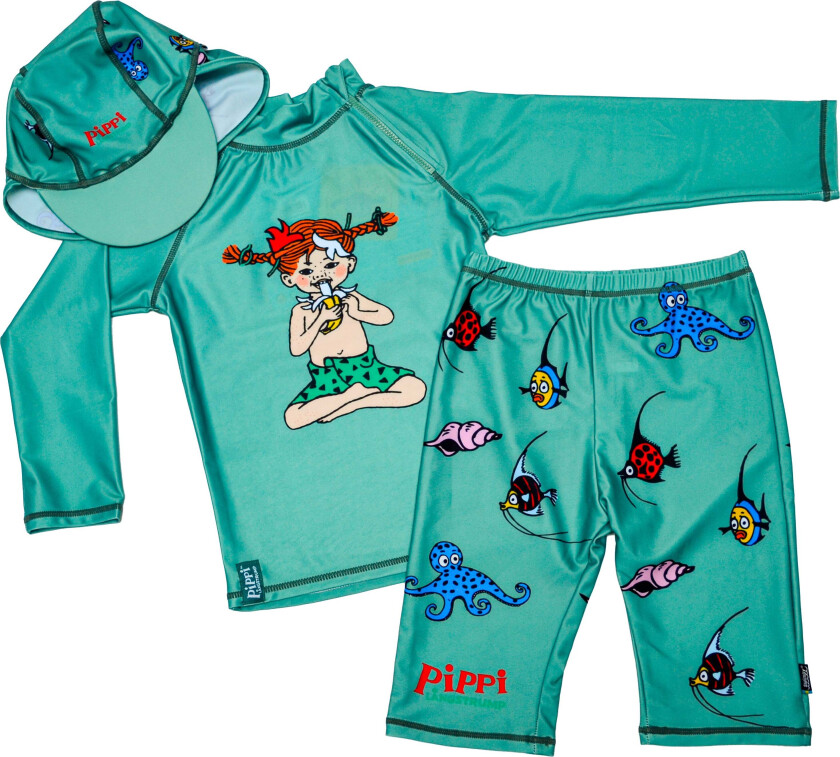 Pippi UV-Sett 3 Deler, Grønn, 122-128 - UV Klær - Polyester,Elastan