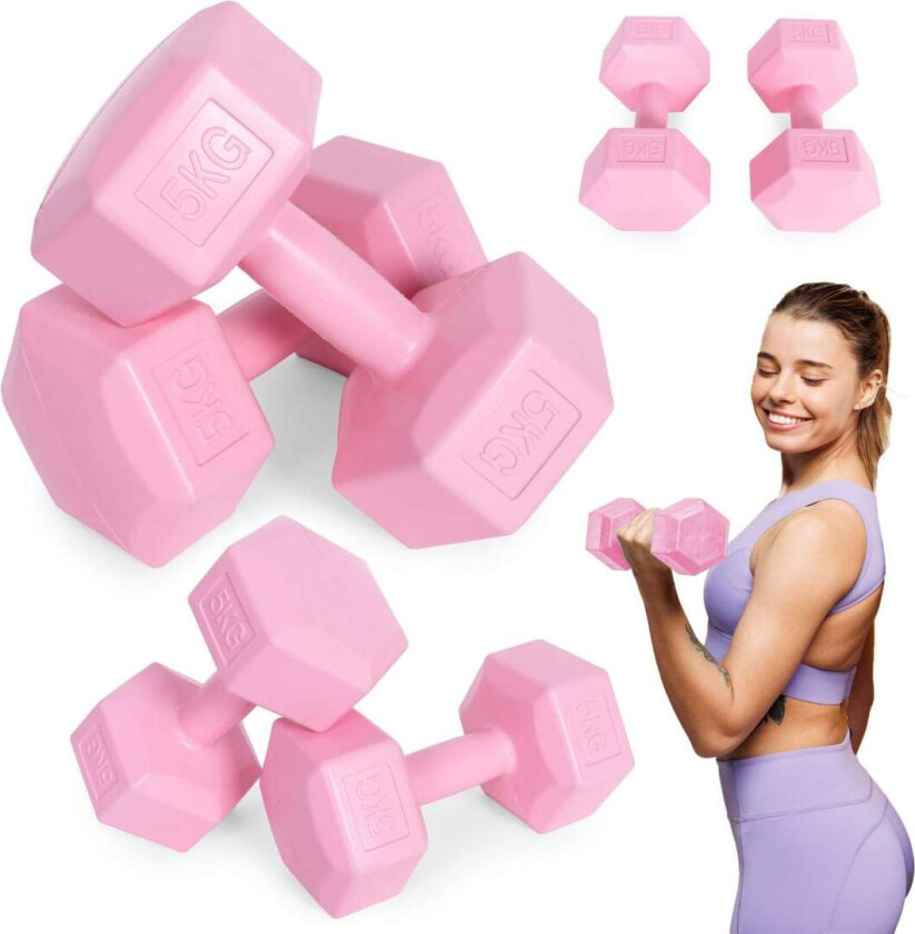 Hex manualer sett 2x5 kg, treningsvekter, fitness belastning, rosa, ModernHome