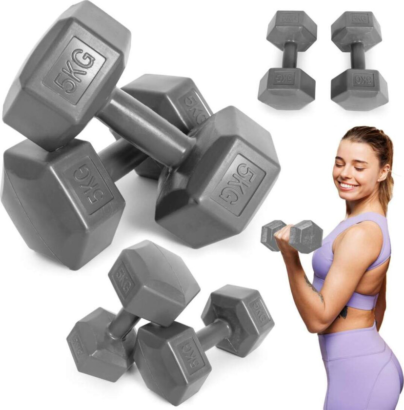 Hex manualer sett 2x5 kg, treningsvekter, fitness belastning, grå, ModernHome