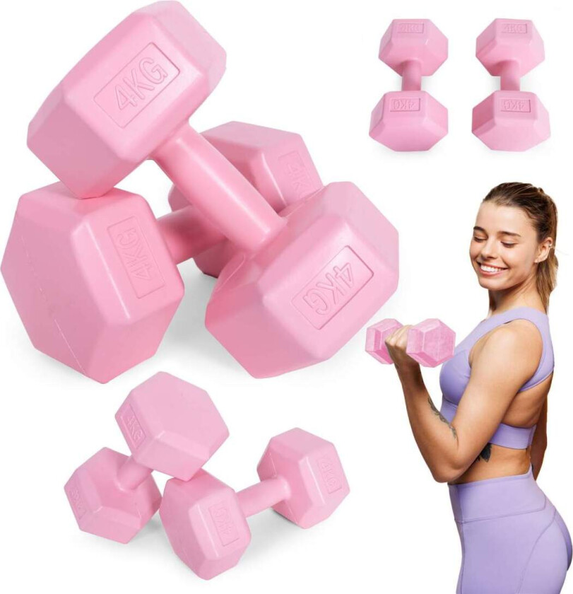 Hex manualer sett 2x4 kg, treningsvekter, fitness belastning, rosa, ModernHome