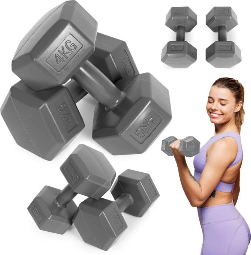 Hex manualer sett 2x4 kg, treningsvekter, fitness belastning, grå, ModernHome
