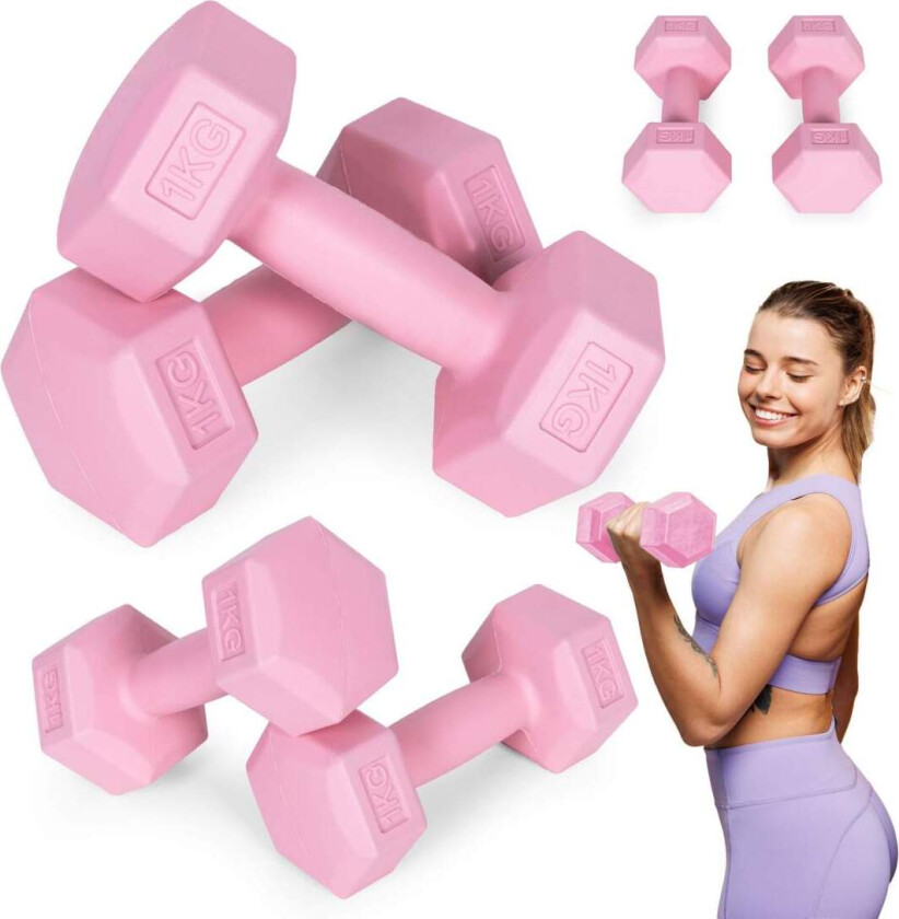 Hex manualer sett 2x1 kg, treningsvekter, fitness belastning, rosa, ModernHome