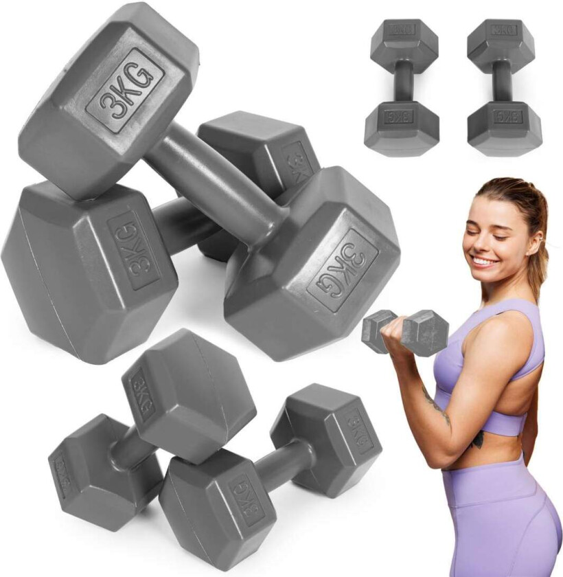 Hex manualer sett 2x3 kg, treningsvekter, fitness belastning, grå, ModernHome