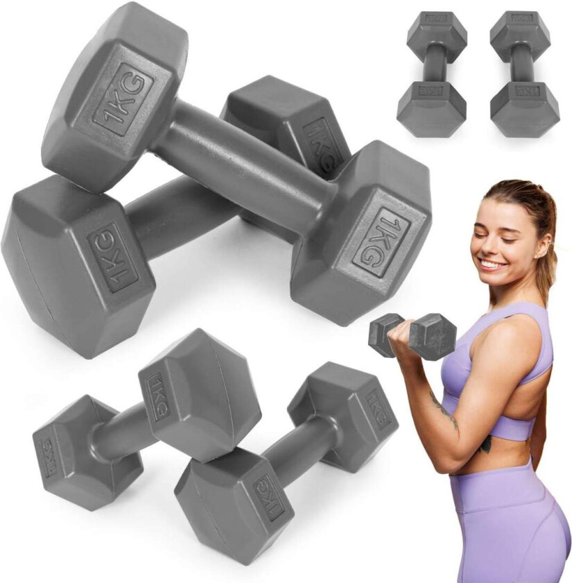 Hex manualer sett 2x1 kg, treningsvekter, fitness belastning, grå, ModernHome