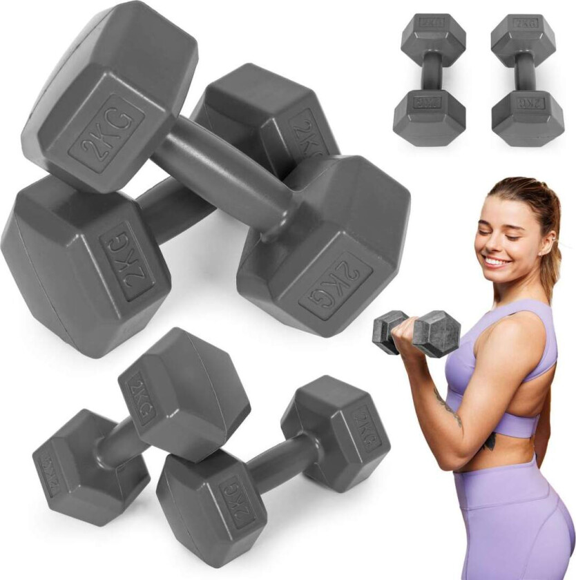 Hex manualer sett 2x2 kg, treningsvekter, fitness belastning, grå, ModernHome