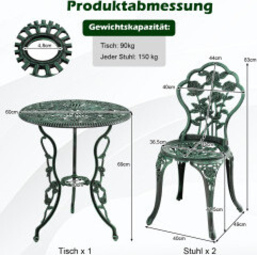 3 stk Antikt bistrosett rosedesign sittegruppe balkongsett hagesett med 2 stoler