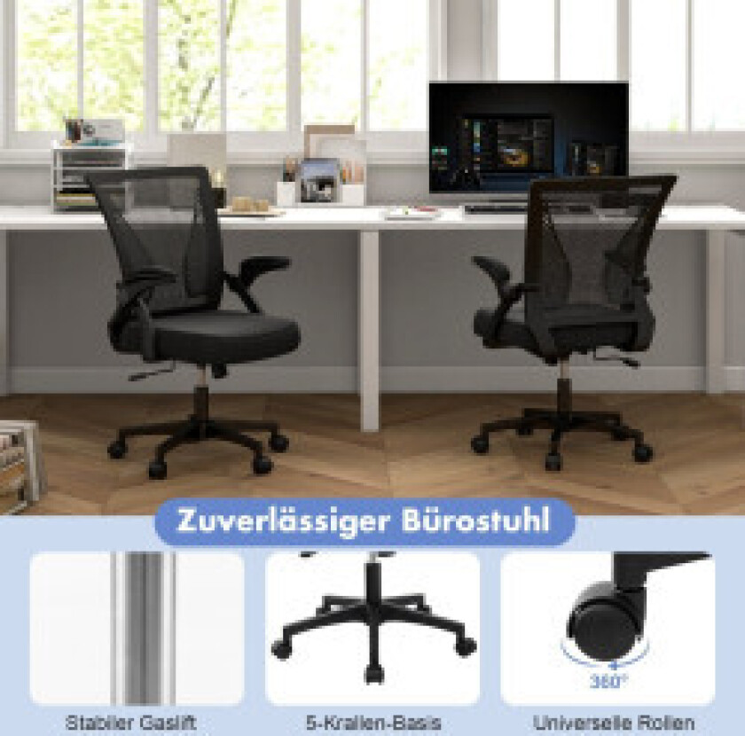 Ergonomisk kontorstol med sammenleggbare armlener Medium Back Skrivebordsstol 57 x 63 x 90-100cm Svart