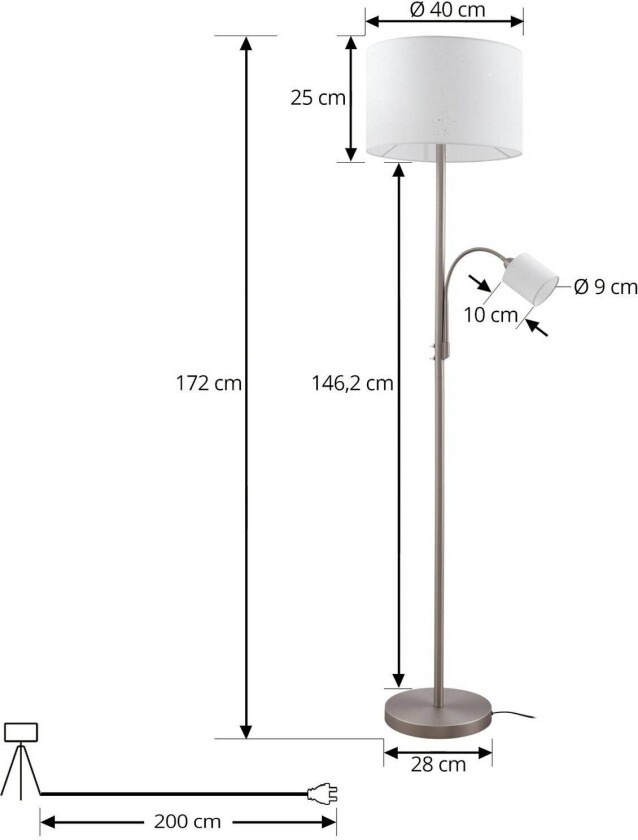 Lindby gulvlampe Jaileen, hvit, tekstil, 170 cm, leselampe