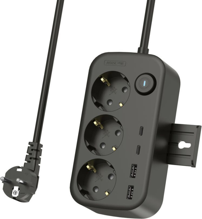 Bilde av Grenuttak 3-veis/2x USB-A/2x USB-C + krok/telefonstativ, 1,5 m - Svart