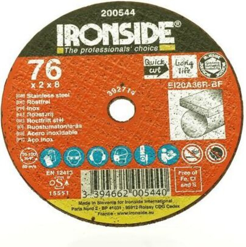 200544 Kappeskive 76 mm, F41, EI20, Inox 76 x 2,0 x 8 mm