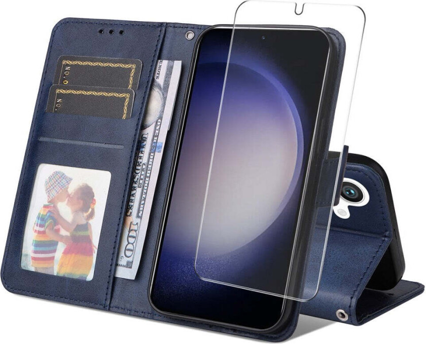 Samsung Galaxy S25+ (Plus) / 24+ (Plus) 2-i-1 Kunstskinn Flip Deksel med Skjermbeskyttelsesglass - Blå