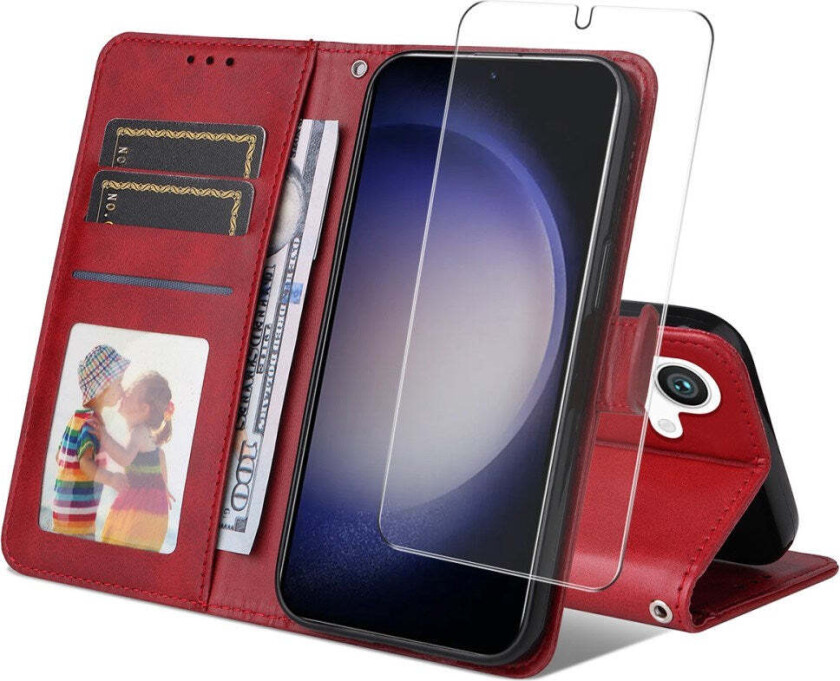 Samsung Galaxy S25+ (Plus) / 24+ (Plus) 2-i-1 Kunstskinn Flip Deksel med Skjermbeskyttelsesglass - Rød