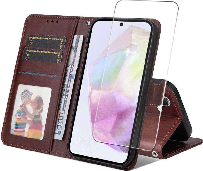 Samsung Galaxy A56 (5G) / A36 (5G) 2-i-1 Kunstskinn Flip Deksel med Skjermbeskyttelsesglass - Brun
